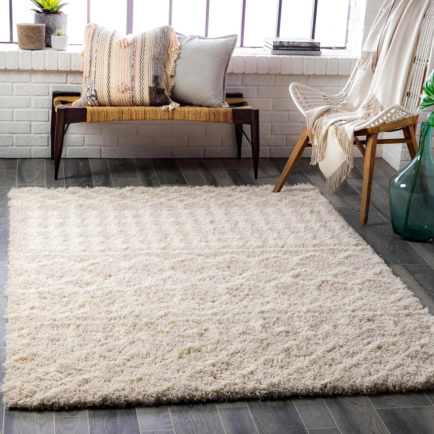 Textured Living Room Shag Area Rug, 6'7" x 9'6", Beige