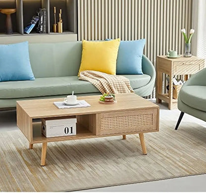 Natural Rattan Table with Sliding Storage Door