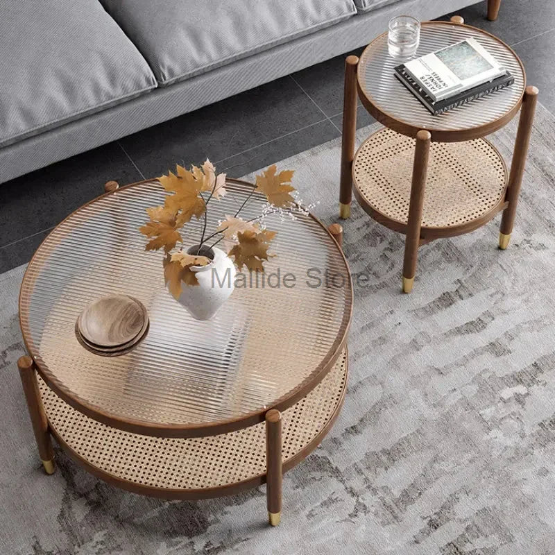 Japanese Solid Wood Round Coffee Tables Nordic Household Furniture Rattan Square Corner Table Modern Simple Glass Round Table