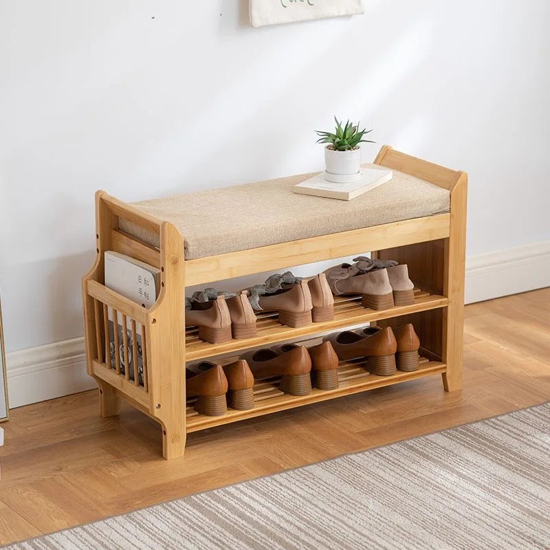 Japandi Style Natural Bamboo Shoe Storage Rack Bench with 2-Tier Cushion Seat