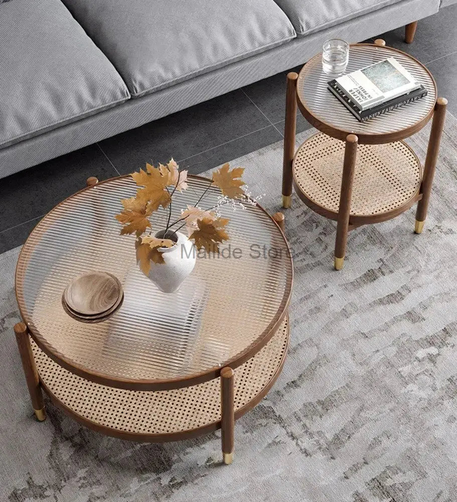 Japanese Solid Wood Round Coffee Tables Nordic Household Furniture Rattan Square Corner Table Modern Simple Glass Round Table