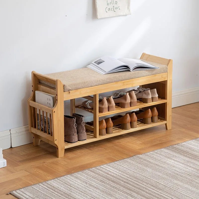 Japandi Style Natural Bamboo Shoe Storage Rack Bench with 2-Tier Cushion Seat