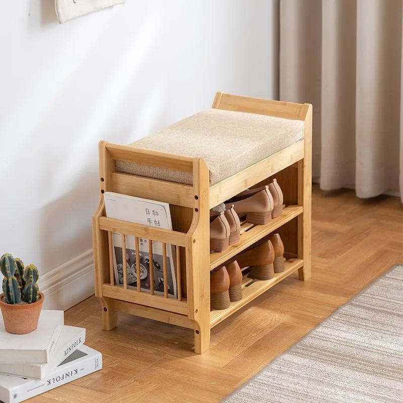 Japandi Style Natural Bamboo Shoe Storage Rack Bench with 2-Tier Cushion Seat