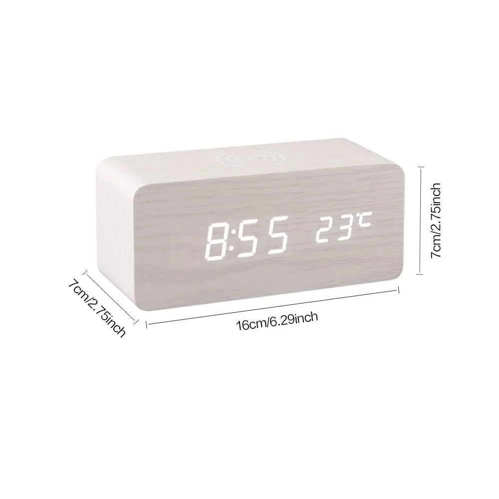 Digital Alarm Clock Wooden Temperature And Humidity Alarm Clock LED Electronic Clock Smartphone Wireless Charger