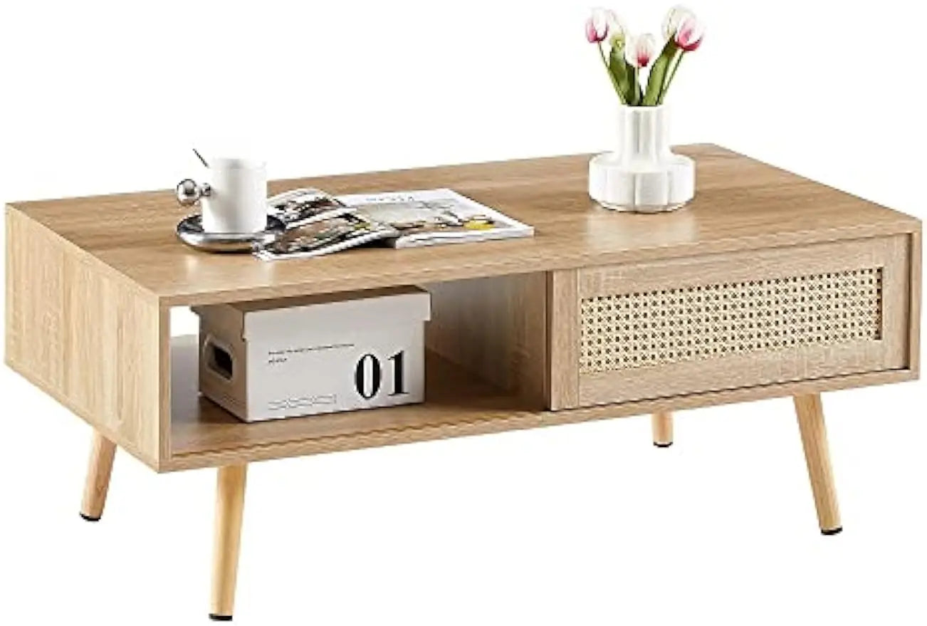 Natural Rattan Table with Sliding Storage Door