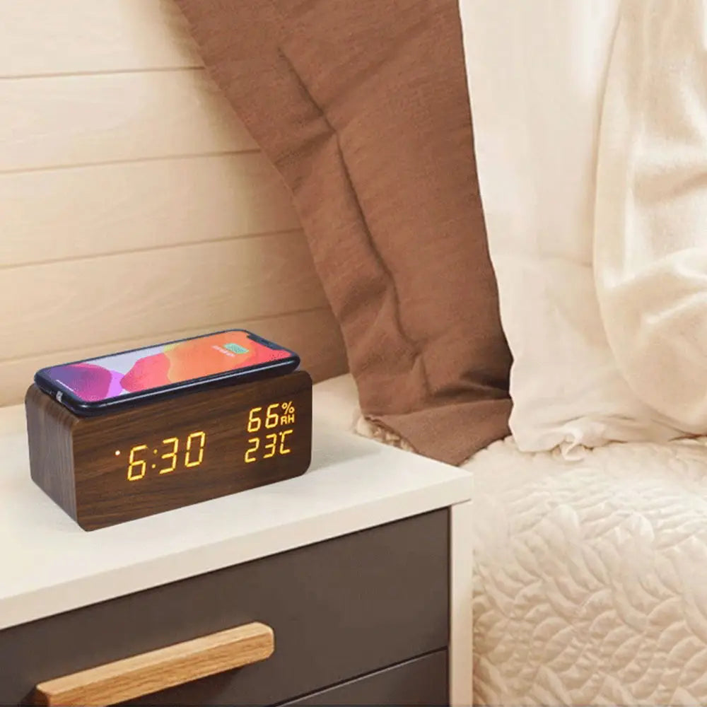 Digital Alarm Clock Wooden Temperature And Humidity Alarm Clock LED Electronic Clock Smartphone Wireless Charger