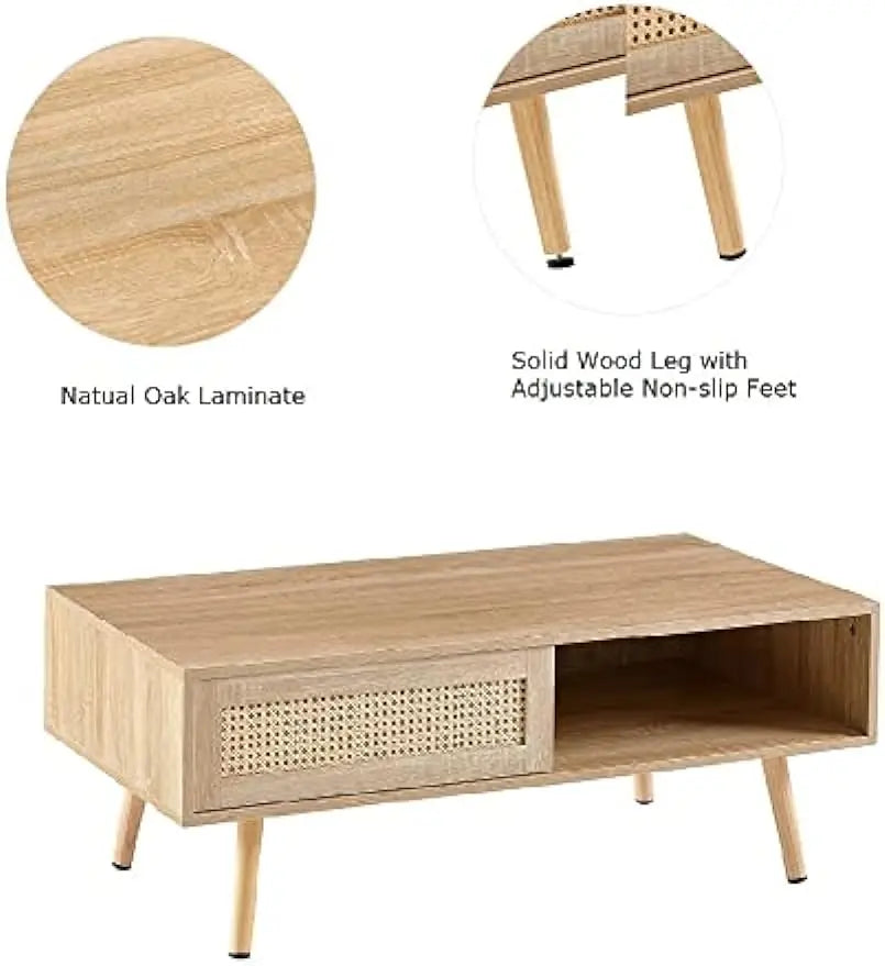 Natural Rattan Table with Sliding Storage Door