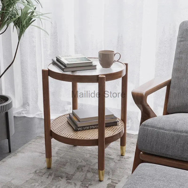 Japanese Solid Wood Round Coffee Tables Nordic Household Furniture Rattan Square Corner Table Modern Simple Glass Round Table