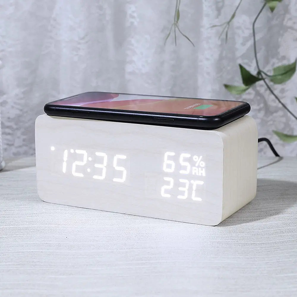 Digital Alarm Clock Wooden Temperature And Humidity Alarm Clock LED Electronic Clock Smartphone Wireless Charger