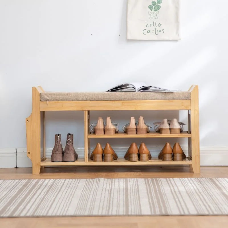 Japandi Style Natural Bamboo Shoe Storage Rack Bench with 2-Tier Cushion Seat